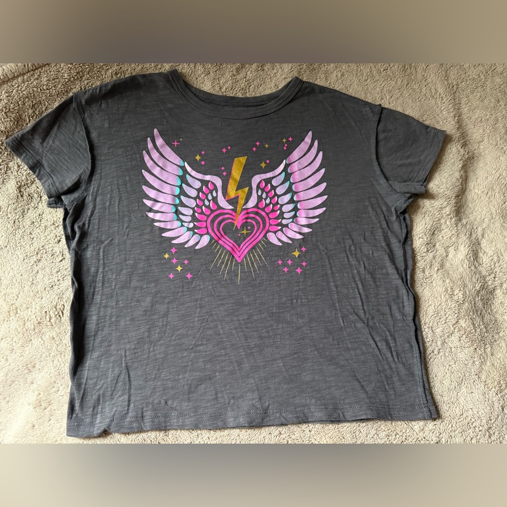 ARO+STAR Winged Heart Graphic Tee - Gray with Pink & Gold